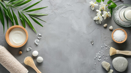 Close up top view of spa theme objects on grey background copy space