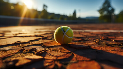Professional photo of tennis court, racket and ball staged - obrazy, fototapety, plakaty