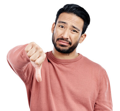 Asian man, thumbs down and portrait with review or feedback isolated on png transparent background. Bad reaction, dislike and rejection with hand gesture, emoji and vote with sign for wrong or fail