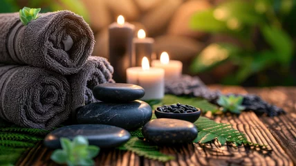 Papier Peint photo autocollant Spa Towel fern candles black hot stone wooden background spa treatment relax concept copy spa