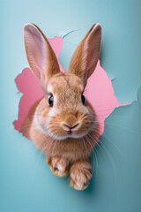 Cute Easter bunny looking out of the torn pastel blue crumpled paper background. Funny Easter card concept commercial banner.
