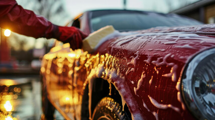 Worker washing red car with sponge on a car wash - obrazy, fototapety, plakaty