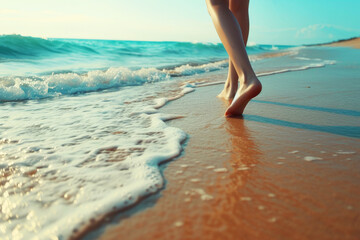Women's legs on the beach near the sea. Travel concept. AI generated, human enhanced - obrazy, fototapety, plakaty