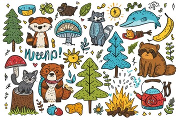 Cartoon cute doodles of animals participating in seasonal activities, such as picnics in spring, swimming in summer, and sledding in winter, Generative AI