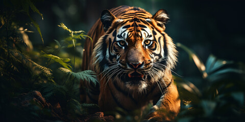 Angry tiger portrait on jungle background 
