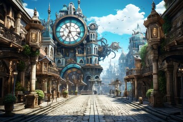 Step into a steampunk wonderland with a streets background, showcasing animated streets lined with gears, ornate street lamps, Generative AI - obrazy, fototapety, plakaty