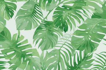 Seamless tropical pattern with bright exotic foliage on white background. Vector illustration.