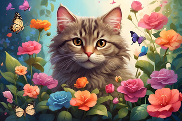 Create a short story or poem inspired by this adorable illustration of a mischievous cat exploring a magical garden filled with vibrant flowers and fluttering butterflies.