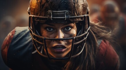 Stormy Game Day: Resilient Female Footballer in Helmet - Power and Preparation