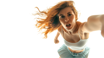isolated on transparent background. photo from above high angle. . woman is fighting yelling shaking fist