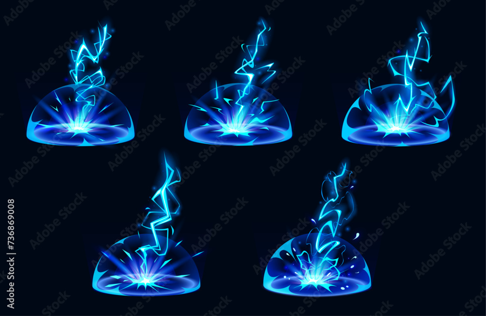 Poster lightning hit ground or floor with burst vfx effect, light ball and smoke clouds. cartoon vector ill