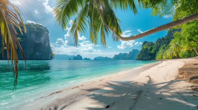 A beautiful exotic beach with palm trees, white sand and blue