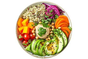 on top of a Buddha bowl, showcasing a nutritious assortment of quinoa, roasted vegetables, avocado and a dash of tahini for a healthy vegetarian food concept.