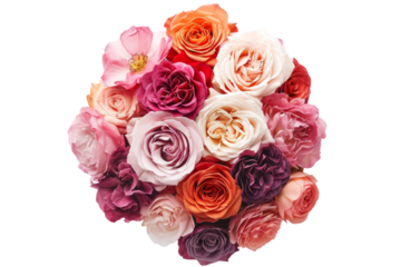 top down view of a luxurious bouquet of roses of different shades, composition on a white background