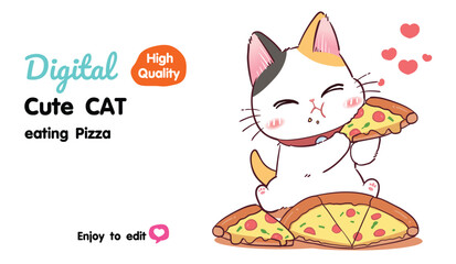 Cute cat eating delicious pizza, high resolution vector illustration.
