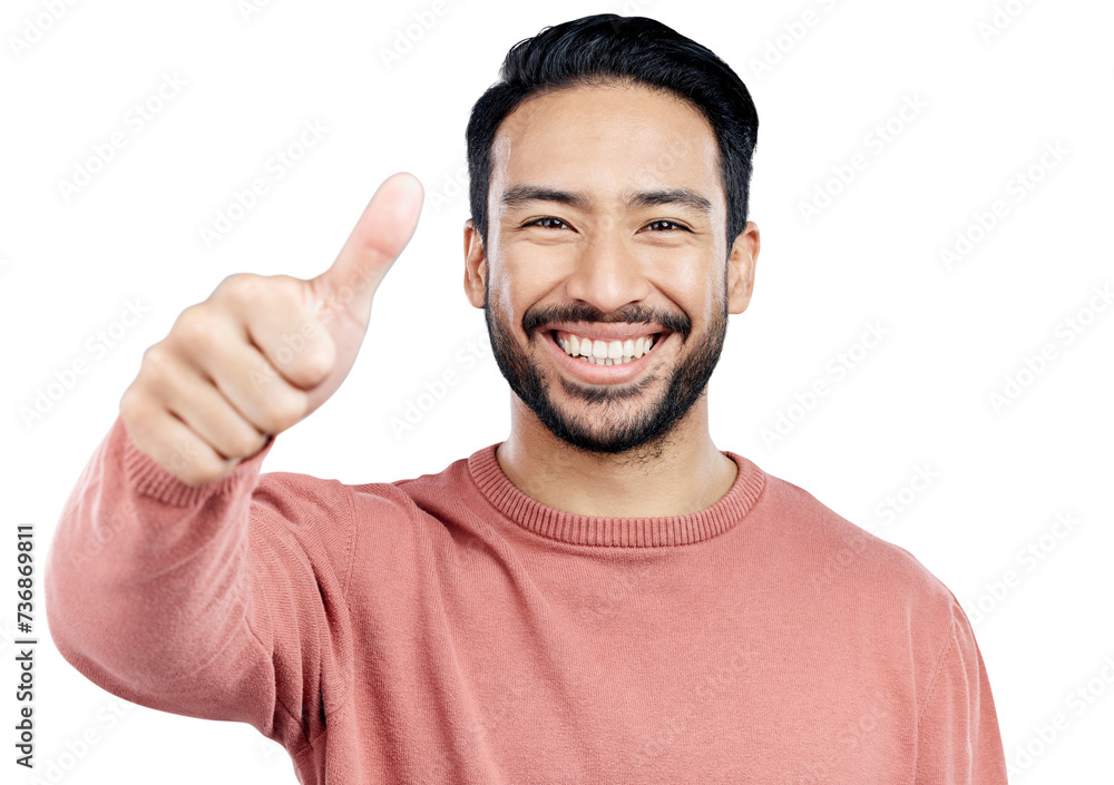 Canvas Prints Portrait, thumbs up and happy asian man with winner sign on isolated, transparent or png background. Success, hands pr face of Japanese model with yes emoji for feedback, review or service excellence