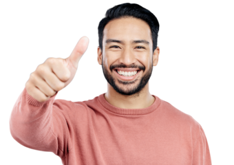 Portrait, thumbs up and happy asian man with winner sign on isolated, transparent or png background. Success, hands pr face of Japanese model with yes emoji for feedback, review or service excellence