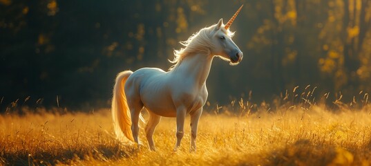 Magical unicorn horse on sunset field. Generative AI technology.