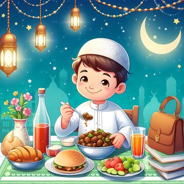 Illustration of a boy eating food at iftar in ramadan 