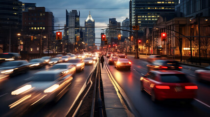 Fototapeta na wymiar Dynamic Evening City Traffic with Light Trails on Downtown Street. Urban Commute Concept