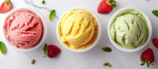 Ice cream with strawberry, mango/banana, and lime/green tea/pistachio flavors in white bowls on a white marble background, viewed from the top.
