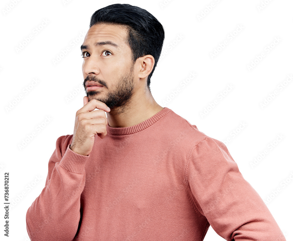 Poster confused, brainstorming and young man with ideas, decision and choice facial expression for question