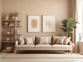 Fototapeta premium Cozy Beige Living Room Interior with Shelf and Art Decorations: Mockup Frame for Your Personal Touch