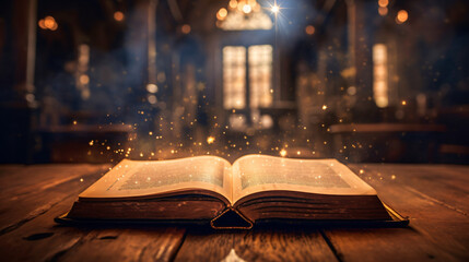 Old book with magic lights and bright letter - obrazy, fototapety, plakaty