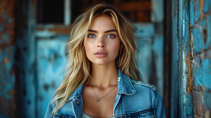 Fototapeta premium Attractive blonde woman posing in casual attire, showcasing style and confidence in a relaxed setting, exuding charm and elegance.