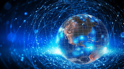 Network of blue and white glowing seamless interconnected lines of dynamic energy flow over earth