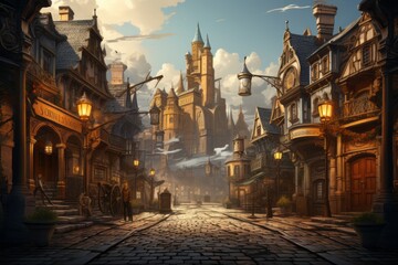 Transport your audience to a bygone era of steampunk elegance with a streets background, showcasing animated cobblestone paths, Generative AI