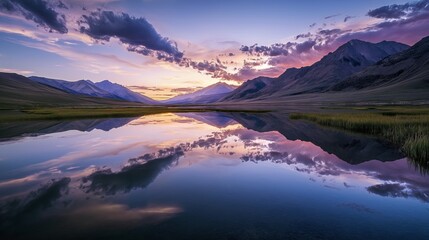 tranquil moment with a scene featuring mountains reflected in the serene waters of a lake or river at sunset, mirrored sky, nature