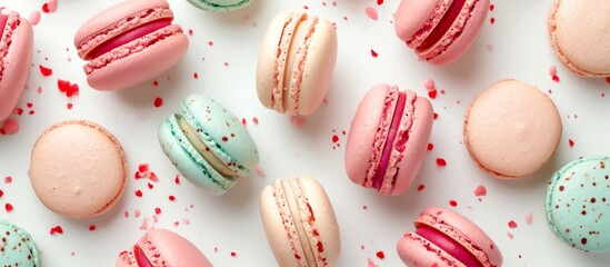 a bunch of different colored macarons on a white surface . High quality - Powered by Adobe
