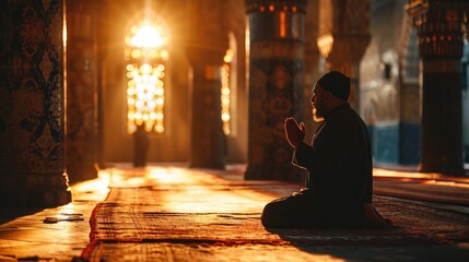 Young muslim man prayer hijab pray to God on blur mosque background concept for eid mubarak, life and soul fasting of international islamic ramadan sunlight.