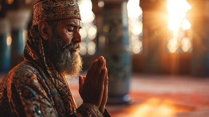 Young muslim man prayer hijab pray to God on blur mosque background concept for eid mubarak, life and soul fasting of international islamic ramadan sunlight. - obrazy, fototapety, plakaty