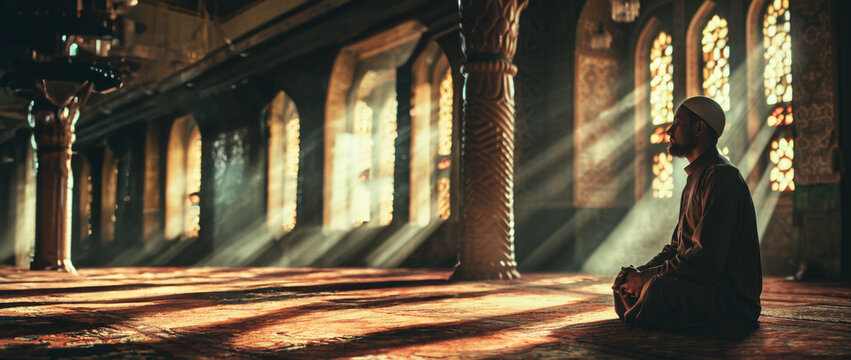 Young muslim man prayer hijab pray to God on blur mosque background concept for eid mubarak, life and soul fasting of international islamic ramadan sunlight.
