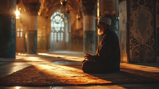 Young muslim man prayer hijab pray to God on blur mosque background concept for eid mubarak, life and soul fasting of international islamic ramadan sunlight.