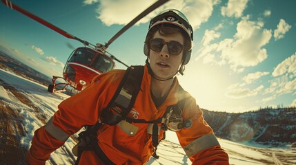 A paramedic runs up to the landing helicopter