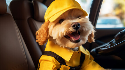 Close-up of a cute smiling dog in a yellow taxi driver uniform driving a car. - obrazy, fototapety, plakaty