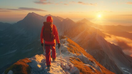 A lonely climber in a red jacket climbs a rocky mountain path. It is set against a stunning backdrop of a golden sunrise and misty mountain peaks.