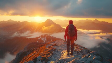 Fototapeta premium A lonely climber in a red jacket climbs a rocky mountain path. It is set against a stunning backdrop of a golden sunrise and misty mountain peaks.
