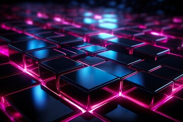 abstract black metallic faceted background, pink glowing neon light, square tiles, modern geometric texture, cyber network concept - obrazy, fototapety, plakaty