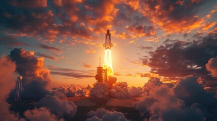 The space shuttle launched at sunset with a flaming engine igniting and smoke billowing in the breathtaking sky. - Powered by Adobe