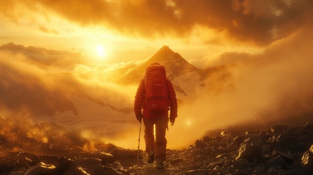 A lonely climber in a red jacket climbs a rocky mountain path. It is set against a stunning backdrop of a golden sunrise and misty mountain peaks.