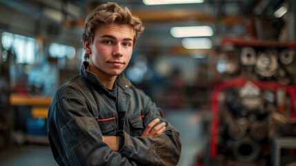 A young auto mechanic poses for the camera with his arms crossed in his auto repair shop with a disassembled engine in the background.