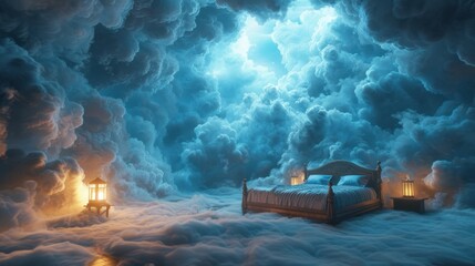 A charming bedroom with a luxurious bed has a mystical backdrop of swirling blue clouds and glowing lamps. Reminiscent of a dreamy atmosphere
