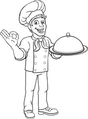 A chef cook man cartoon character giving a perfect or okay chefs hand sign and holding a domed cloche food tray.