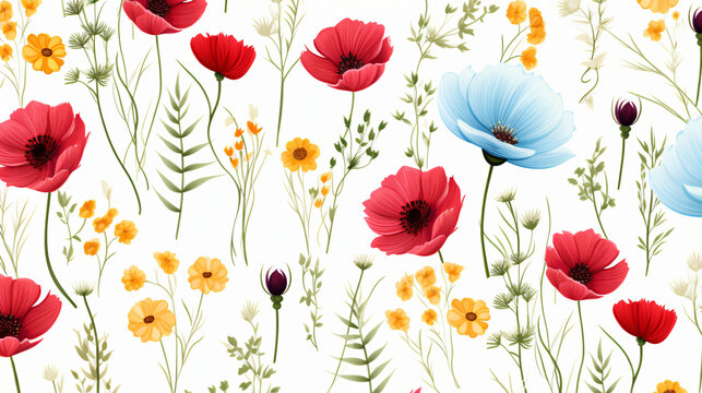 Pattern of summer flowers on white background.
