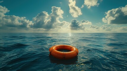 Orange lifebuoy floating in the open sea It is a symbol of safety and hope under the wide sky. - obrazy, fototapety, plakaty