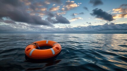 Fototapeta premium Orange lifebuoy floating in the open sea It is a symbol of safety and hope under the wide sky.